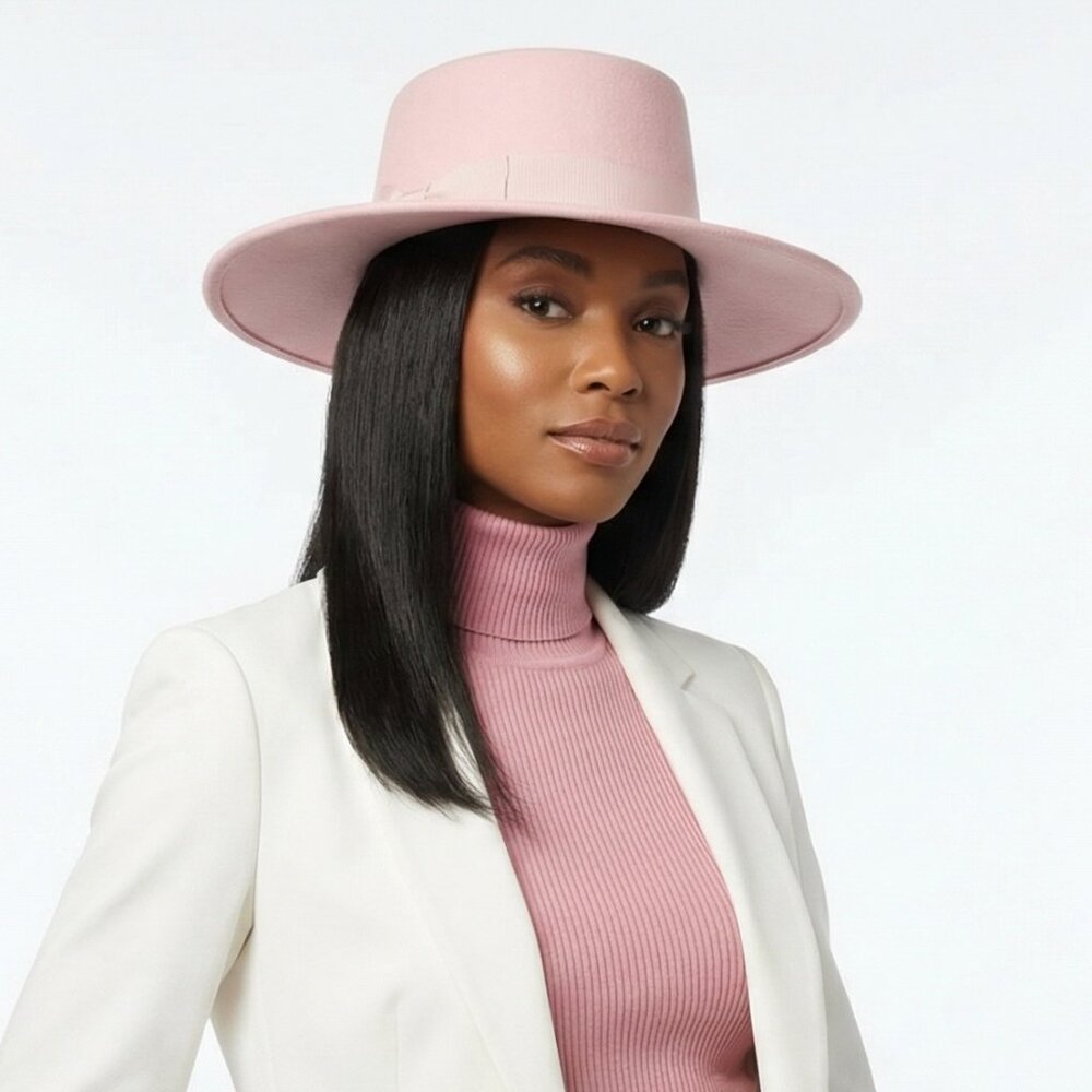 Wide Brim Boater Hat with Ribbon - Structured Faux Felt Hat